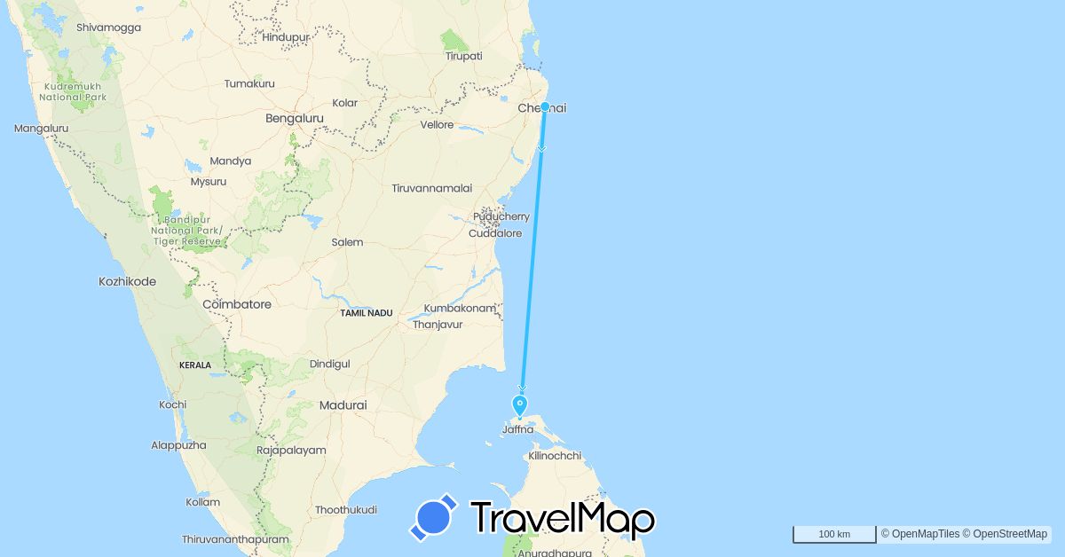 TravelMap itinerary: driving, boat in India, Sri Lanka (Asia)